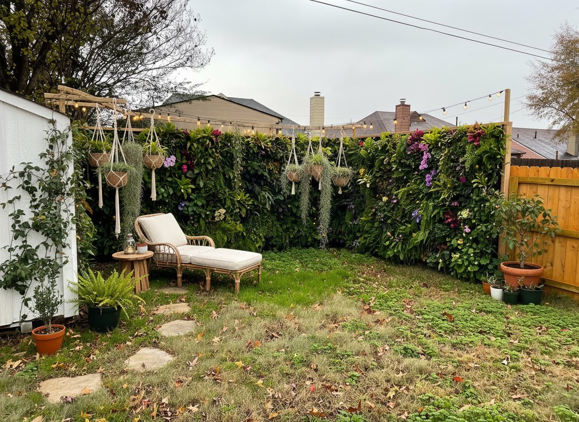 After: AI-designed yard with living green wall, hanging plants, string lights and rattan furniture