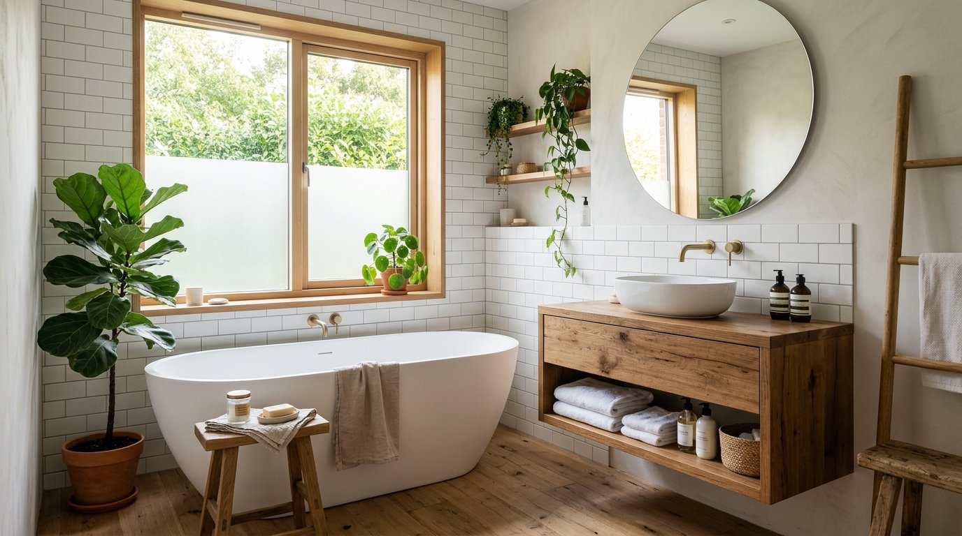 Scandi Bathroom Design: White Tiles, Wood & Plants for a Serene Space
