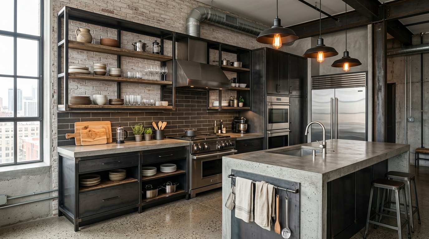 Industrial Kitchen Design: Concrete, Steel & Open Shelves