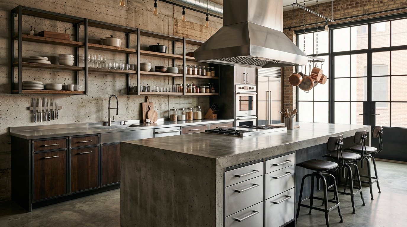 Industrial Kitchen Design: Concrete, Steel & Open Shelves Guide