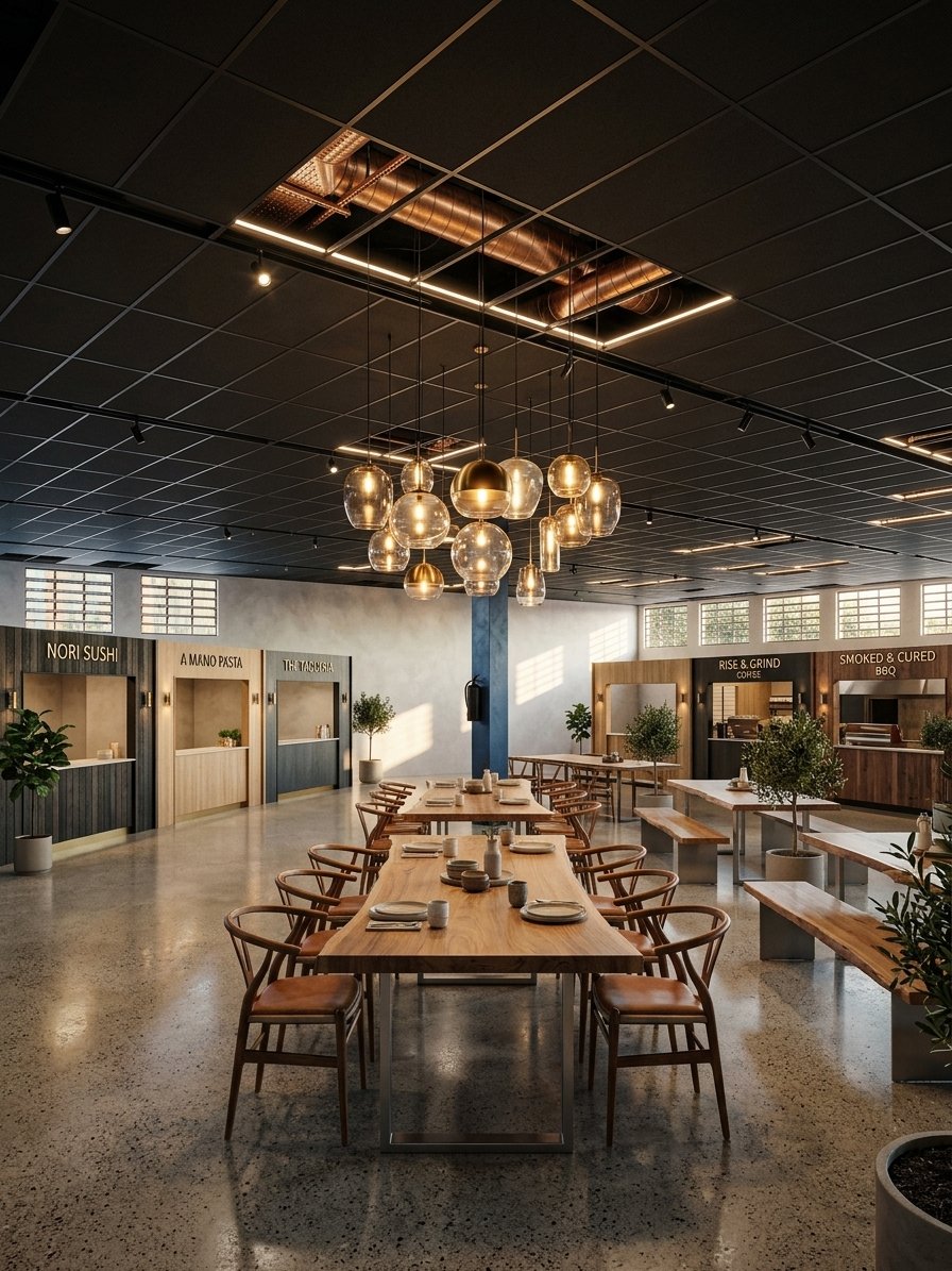 Redesign this Restaurant Interior in a Convert this vacant retail floor into a modern food hall — timber vendor stalls, pendant cluster lighting, exposed ceiling with industrial ducting, polished concrete floor, and a central communal dining zone style. . Keep structural layout identical but inject premium materials, cinematic lighting, and luxury furniture. 8k, photorealistic architectural lens.