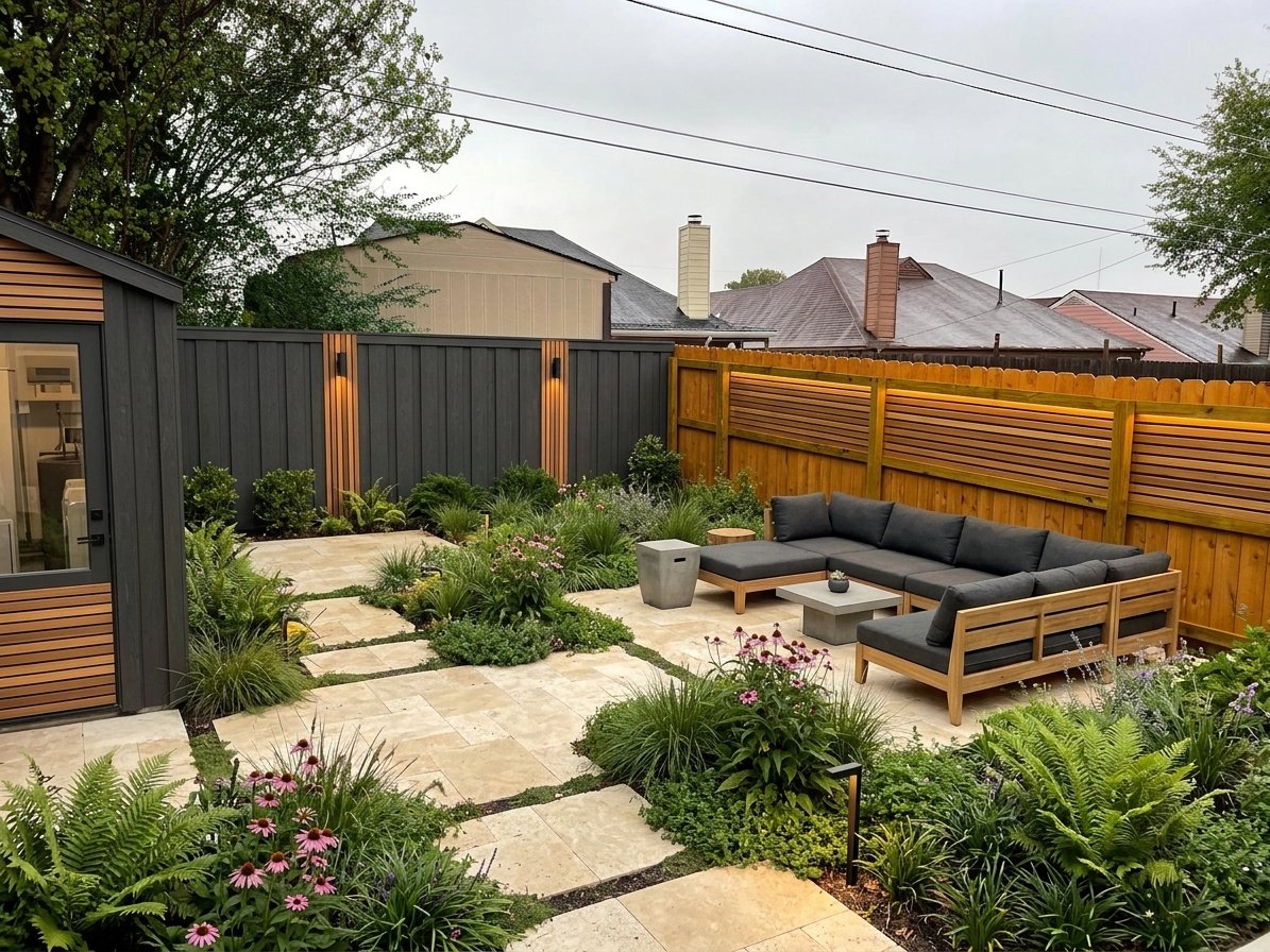 Redesign this Backyard in a Biophilic style. . Keep structural layout identical but inject premium materials, cinematic lighting, and luxury furniture. 8k, photorealistic architectural lens.