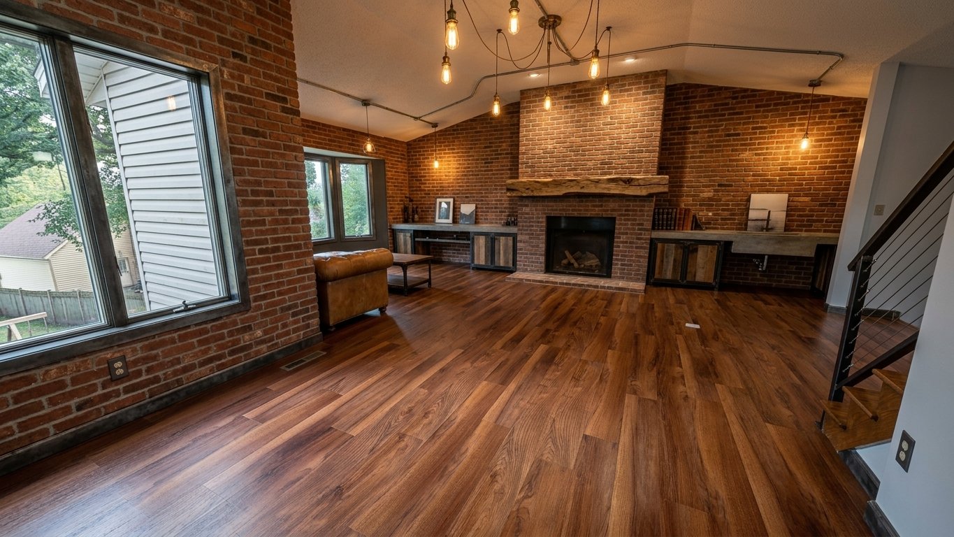 Redesign this Living Room in a Industrial Chic style. Exposed red brick walls, Concrete island worktops, Edison bulb pendant lights. Keep structural layout identical but inject premium materials, cinematic lighting, and luxury furniture. 8k, photorealistic architectural lens.