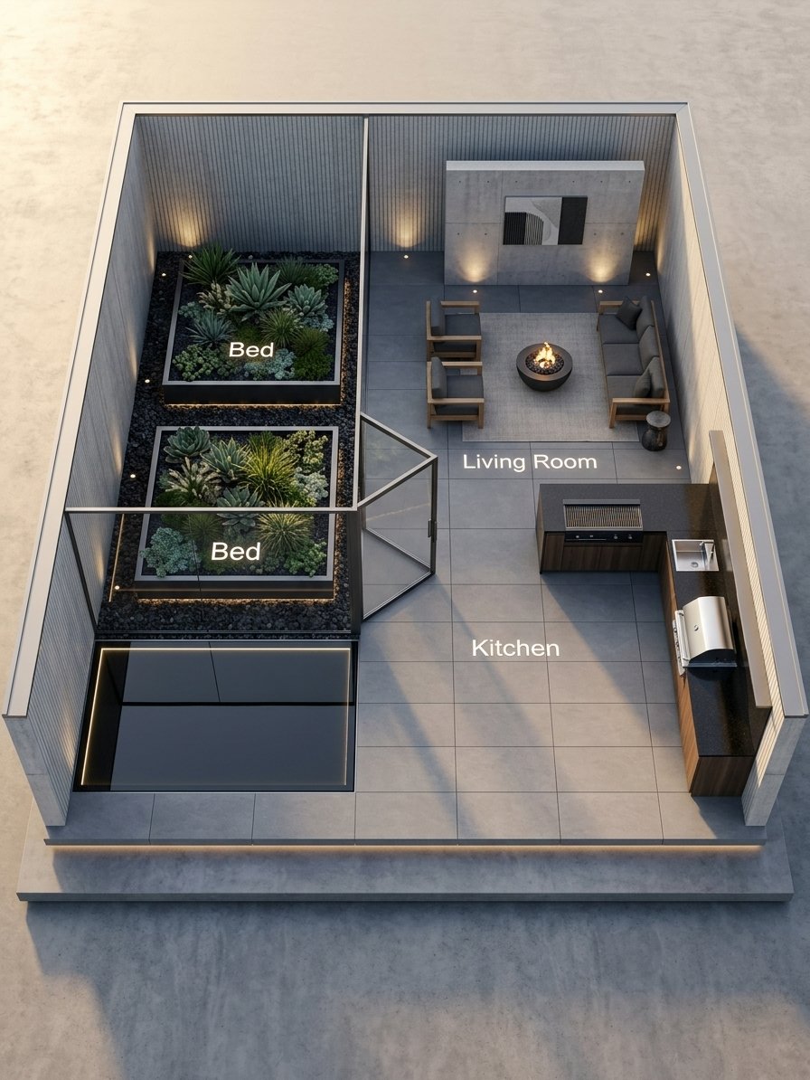 Redesign this Full Garden Design furnished with premium home decor in a premium Modern Minimalist style. Ensure ultra-high fidelity, 8k architectural render, photographic lens, cinematic lighting. Do not change architectural structure unless absolutely necessary.