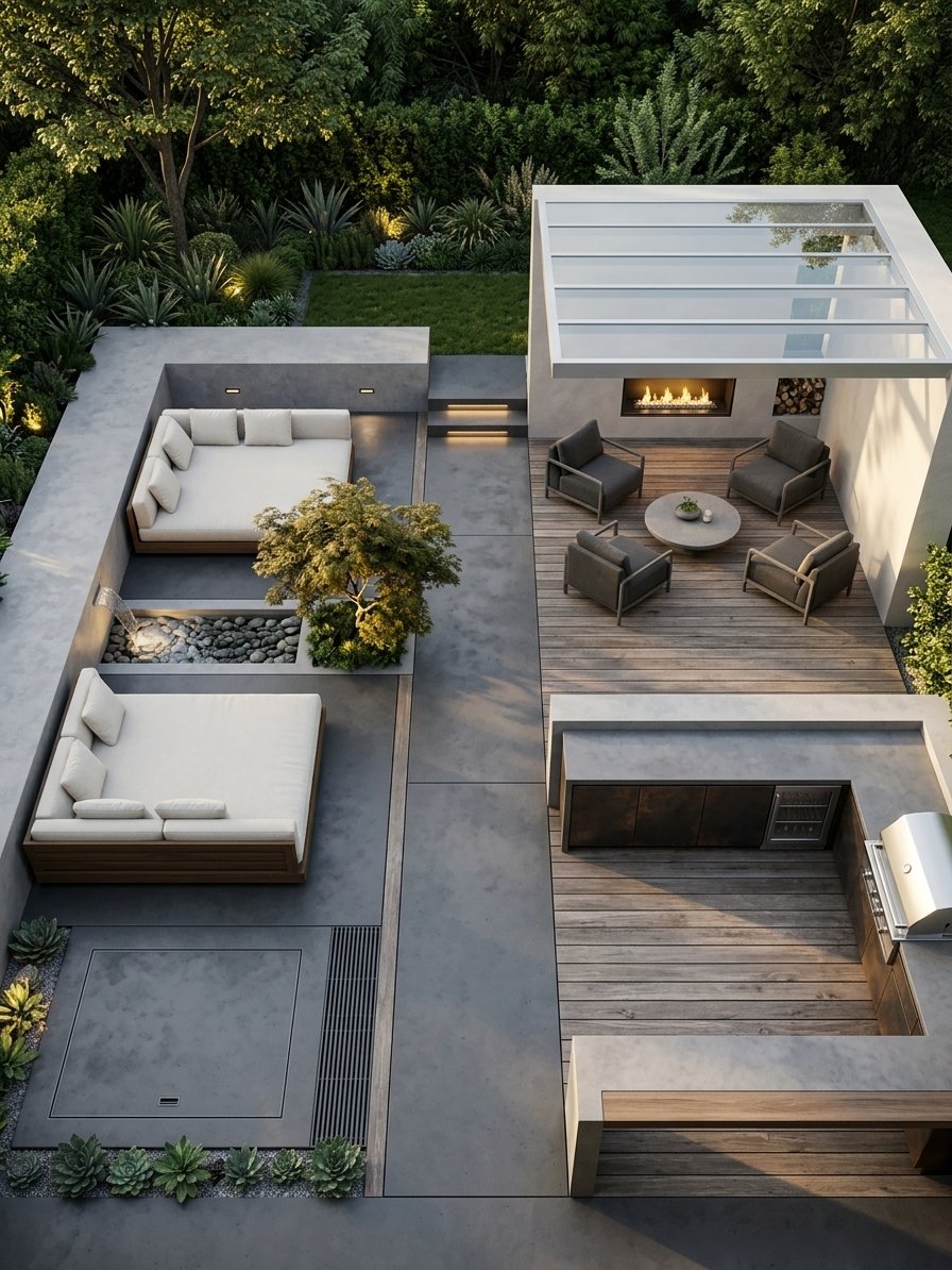 Redesign this Backyard furnished with premium home decor in a premium Modern Minimalist style. Ensure ultra-high fidelity, 8k architectural render, photographic lens, cinematic lighting. Do not change architectural structure unless absolutely necessary.