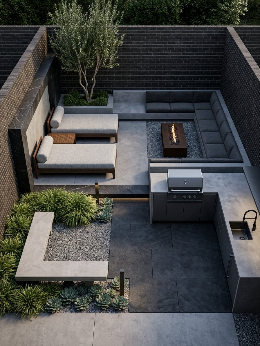Redesign this Backyard furnished with premium home decor in a premium Modern Minimalist style. Ensure ultra-high fidelity, 8k architectural render, photographic lens, cinematic lighting. Do not change architectural structure unless absolutely necessary.