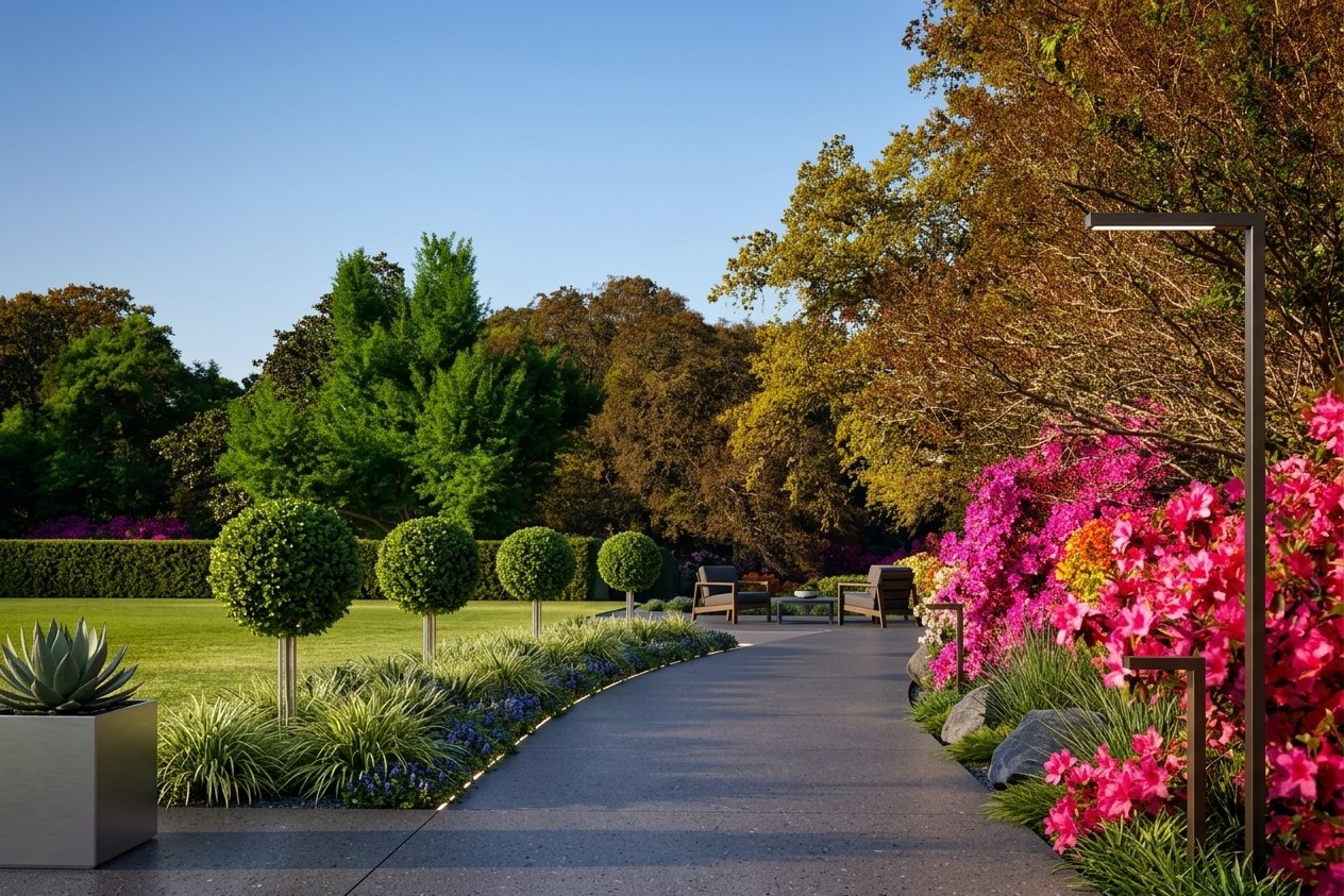 Redesign this Full Garden Design furnished with premium home decor in a premium Modern Minimalist style. Ensure ultra-high fidelity, 8k architectural render, photographic lens, cinematic lighting. Do not change architectural structure unless absolutely necessary.