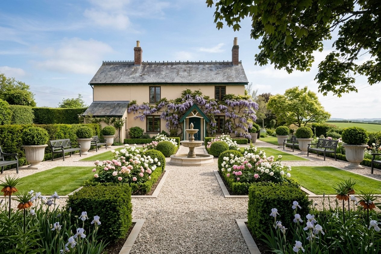 Redesign this Backyard furnished with premium home decor in a premium English Country style. Additional details: Transform this cottage garden into a structured formal English garden  add clipped yew topiary, a central stone fountain, symmetrical rose borders in blush and white, a gravel pathway leading to the front door, and climbing wisteria over the porch. Garden benches , Architectural planters Ensure ultra-high fidelity, 8k architectural render, photographic lens, cinematic lighting. Do not change architectural structure unless absolutely necessary.