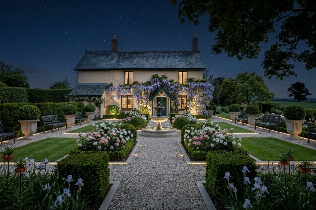 Modify this Backyard image to look like midnight with ambient artificial lighting. Maintain 100% structural fidelity. Re-light background and sky only. Cinematic quality.