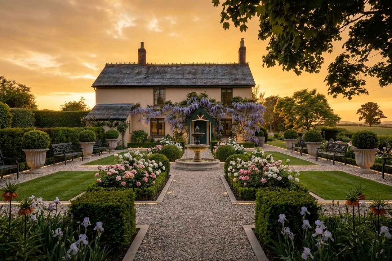 Modify this Backyard image to look like sunset/golden hour. Maintain 100% structural fidelity. Re-light background and sky only. Cinematic quality.