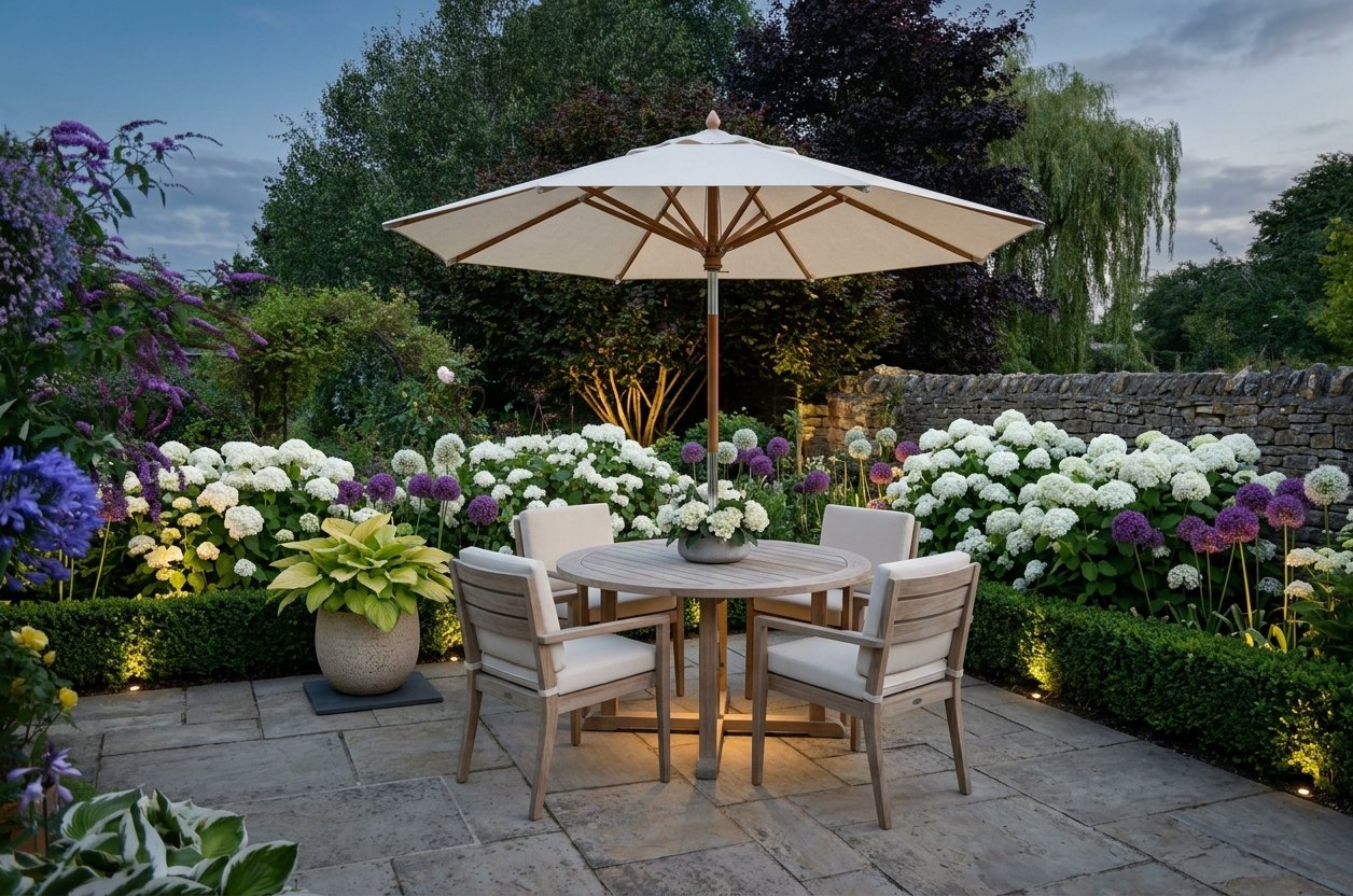 Redesign this Backyard furnished with premium home decor in a premium Modern Minimalist style. Additional details: Redesign this garden patio into a contemporary outdoor dining space — replace the metal furniture with teak dining set and cream parasol, add uplighting around the border planting, introduce a low box hedge edging, and plant alliums and white hydrangeas throughout the beds Ensure ultra-high fidelity, 8k architectural render, photographic lens, cinematic lighting. Do not change architectural structure unless absolutely necessary.