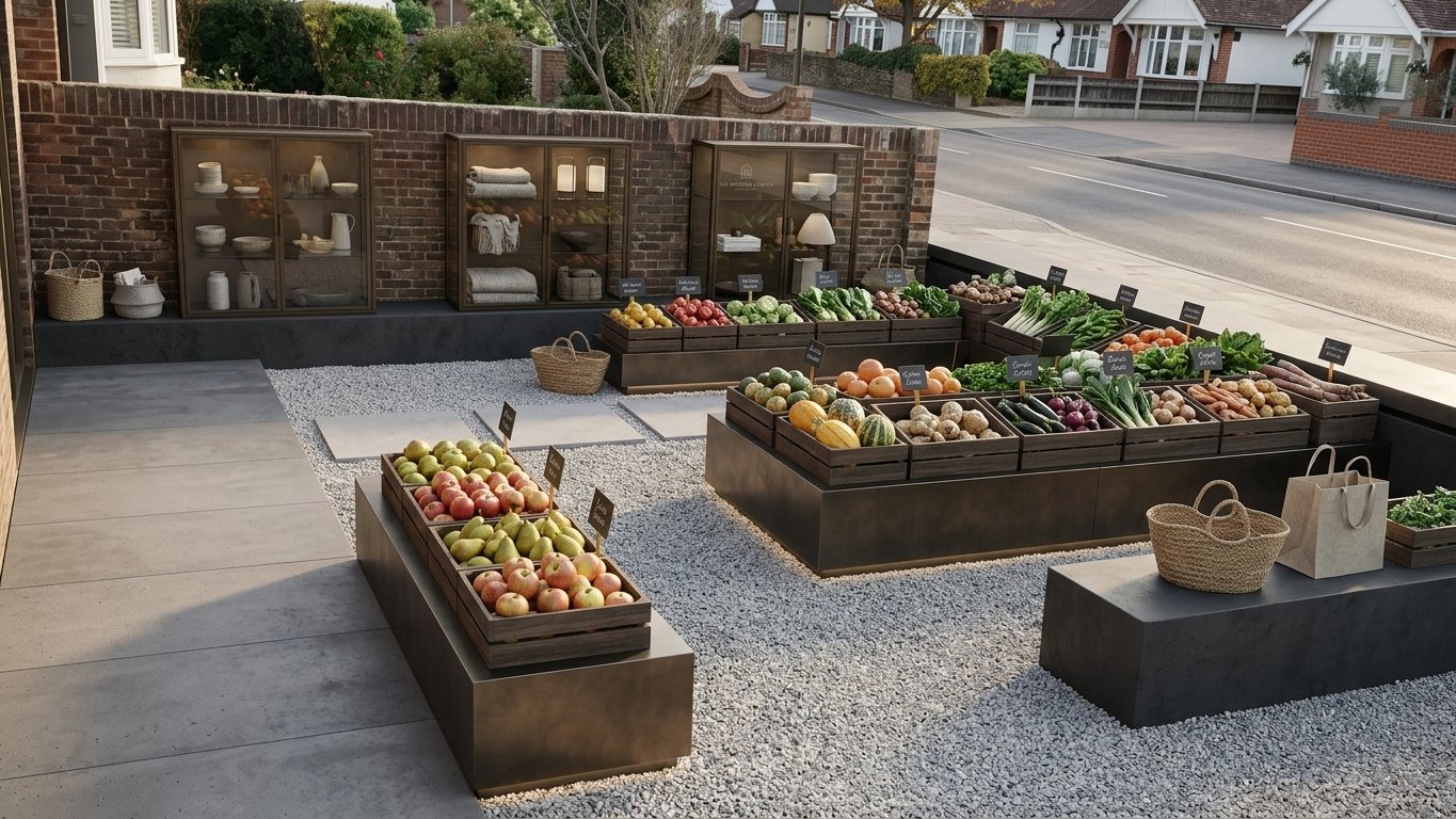 Redesign this Shop Front furnished with premium home decor in a premium Modern Minimalist style. Additional details: Sort out this shops front so sell some fruit and veg outside  Ensure ultra-high fidelity, 8k architectural render, photographic lens, cinematic lighting. Do not change architectural structure unless absolutely necessary.